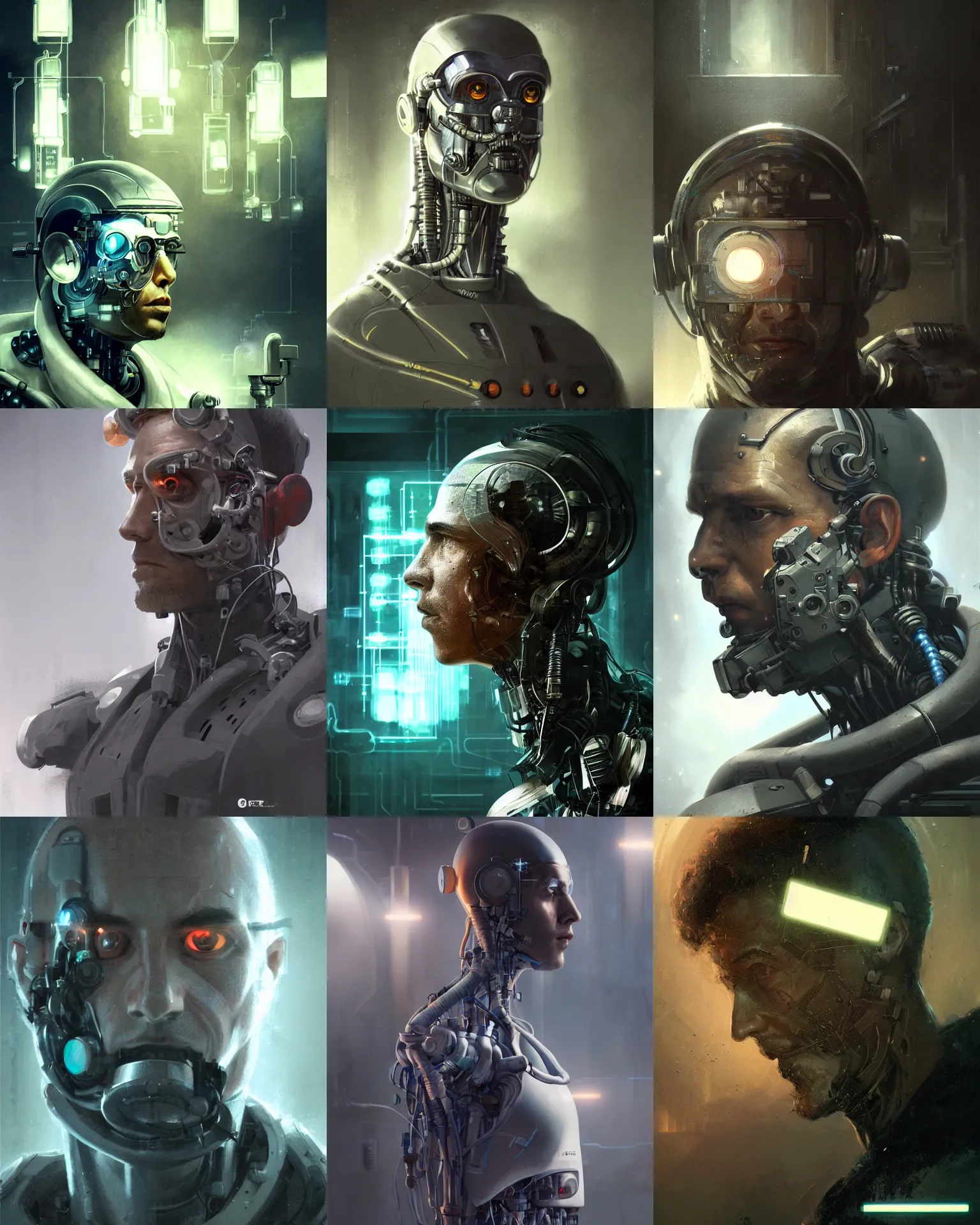 Prompt: a laboratory operator man with cybernetic enhancements seen from a distance, scifi character portrait by greg rutkowski, craig mullins, 1 / 4 headshot, cinematic lighting, dystopian scifi gear, profile picture, mechanical, cyborg, half robot