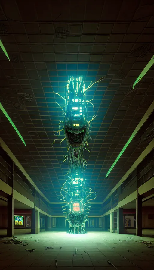 Image similar to biomechanical cybernetic monster creature in the dark abandoned mall, absolutely symmetrical 3 d artwork by simon stalenhag tooth wu ande beeple