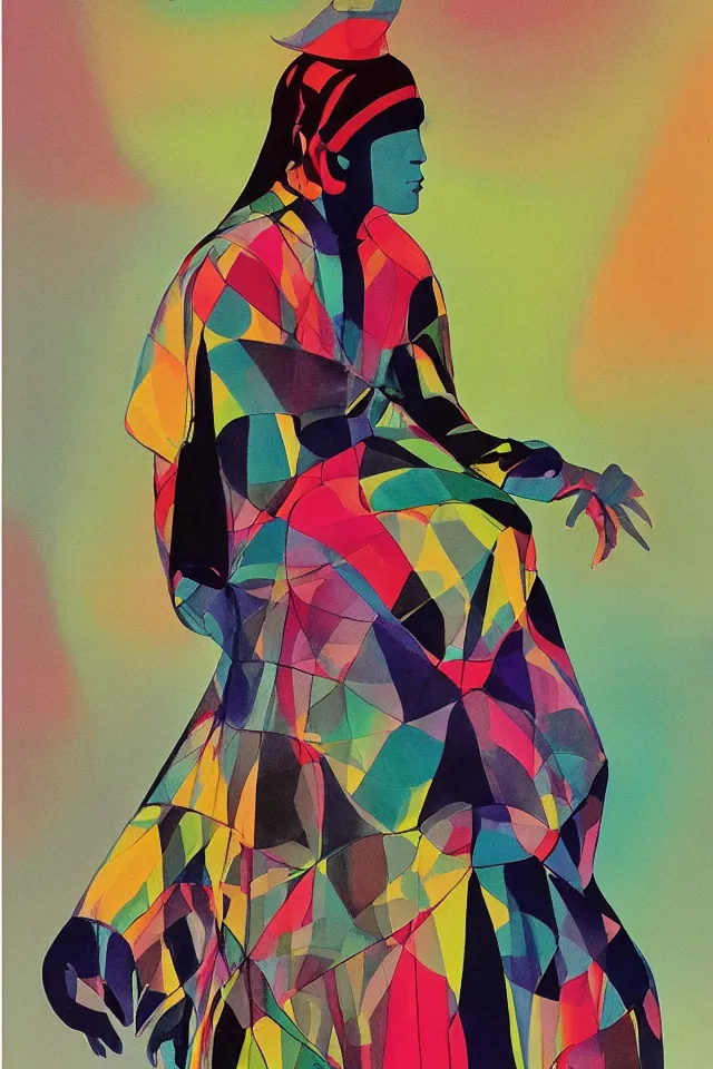 Image similar to naturalist portrait of a modern shaman, modern minimal isei miyake outfit, in the style of vogue, syd mead, triadic color scheme, bioluminiscent fabrics, concept art