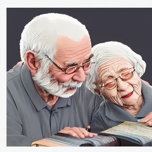 Image similar to very elderly couple tenderly feeding each other eating crayons tenderly feeding each other crayons, in the style of kawase hasui james jean, artstation trending, 8 k, 3 d render, photorealistic, volumetric lighting caustics, black and white, detailed af