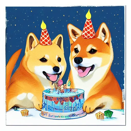 Prompt: expensive birthday card with happy shiba inu dogs eating birthday cake, Nintendo game art, Hayao Miyazaki, intricate detail, illustration, beautiful lighting,