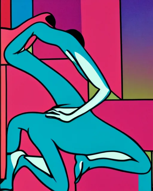 Image similar to beautiful spandex model stretching her body in a difficult pose, flowing lines and curves, 80s Eros, color pop, by Georgia O'Keefe, Alex Yanes and Felipe Pantone, rule of thirds