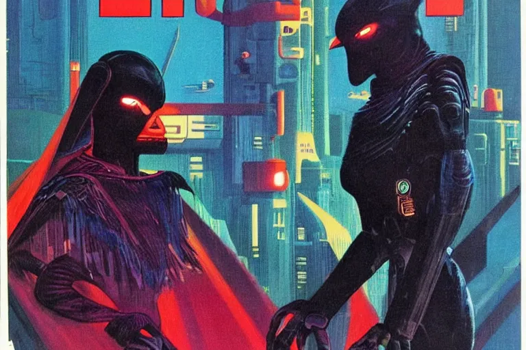 Image similar to 1979 OMNI Magazine Cover of a humanoid raven rogue. in cyberpunk style by Vincent Di Fate