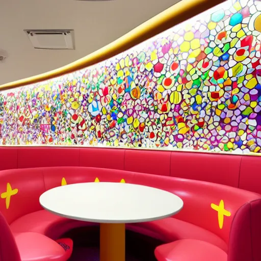 Image similar to Mcdonalds designed by Takashi Murakami, interior pop art design