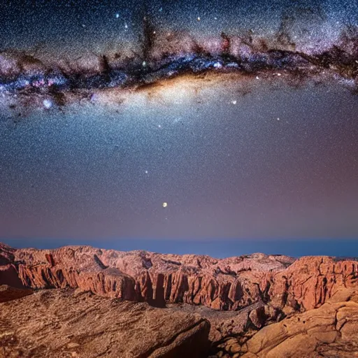 Image similar to a hyper realistic photograph of the milky way galaxy shining from above a rock canyon, award winning