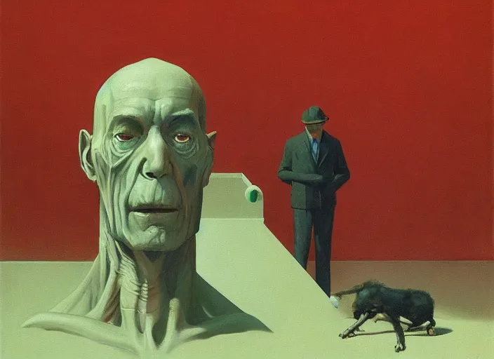 Image similar to portrait painting of a man and his dog, science fiction, Edward Hopper and James Gilleard, Zdzislaw Beksinski highly detailed