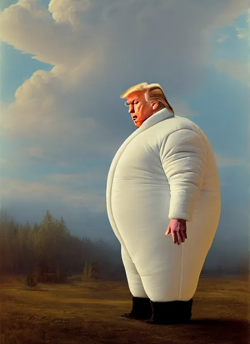 Image similar to donald trump dressed as the michelin man, highly detailed, sharp focus, matte painting, by isaac levitan and asher brown durand,