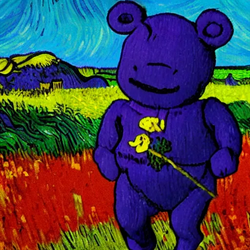 Prompt: tinky winky frolicking in a field in the style of van gogh