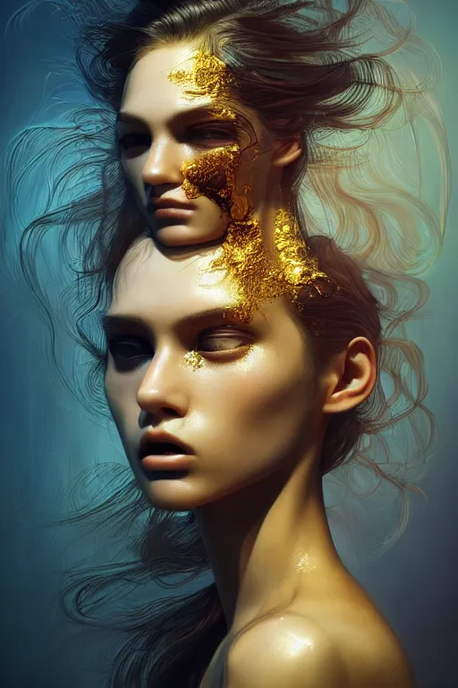 Prompt: 3 d, close - up, sleepy fashion model girl, long hair, rat ears, liquid gold and black water, sleepy fashion model, morning, sun rays, vogue cover style, poster art, hyper detail, intricate oil painting, multiple exposure, morning mood, 3 d, by tooth wu and wlop and beeple and greg rutkowski