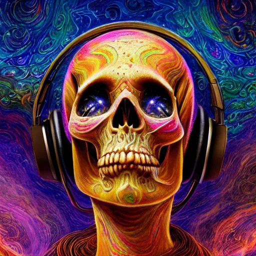 Image similar to portrait of a fantasycore glitchcore deformed skull wearing headphones. intricate abstract. intricate artwork. celestial. prismatic, by josephine wall, pixar, ghibli. octane render, CGSociety very coherent symmetrical artwork. cinematic, hyper realism, high detail, octane render, 8k, holographic accents