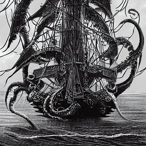 Prompt: kraken breaking a pirate ship, lovecraftian, horror, dark, scary, fantasy