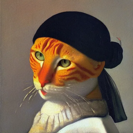 Prompt: an orange cat by jan vermeer, oil painting ， a pearl necklace, byhighly detailed ， headshot, 8 k