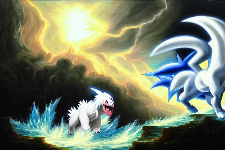 Image similar to a dramatic and detailed oil painting of absol from pokemon and a natural disaster by thomas cole and ken sugimori