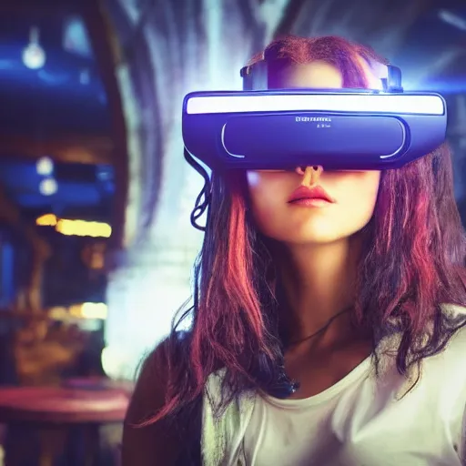 Image similar to a high quality portrait of a beautiful stunning pirate in a cyberpunk cyberpunk cyberpunk cafe wearing a VR visor, realism, 8k, award winning photo