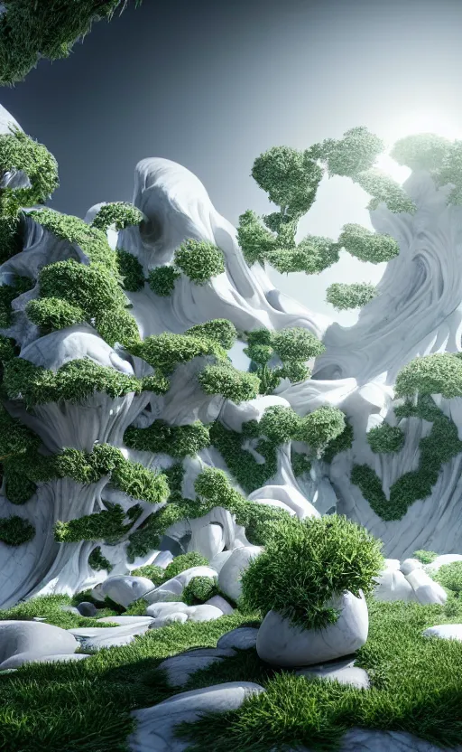 Prompt: highly detailed ultra sharp 3 d render cinematic composition of a smooth ceramic porcelain magnolia stone white fluid fractal sci - fi surreal architecture landscape, marble, magnesium, foliage, archviz, vincent callebaut composition, mamou - mani, beautiful lighting, 8 k, unreal engine, hdr, dof