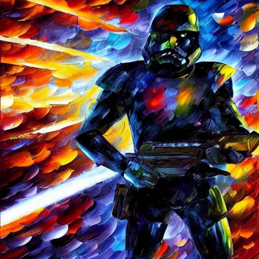 Image similar to A Neon Dark Trooper scanning a room with pulsating laser, artwork by Leonid Afremov