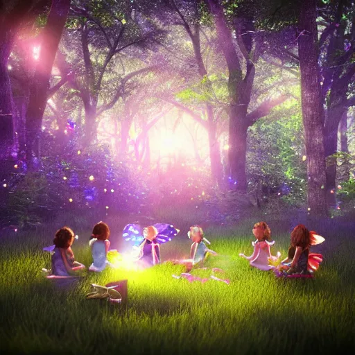 Image similar to fairies meeting in enchanted forest, starry night, art station inspired, octane render, 8 k, - hd