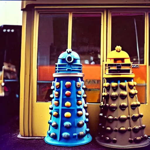 Image similar to daleks at a vintage McDonalds drive thru window, kodak Ektachrome 10, 35mm