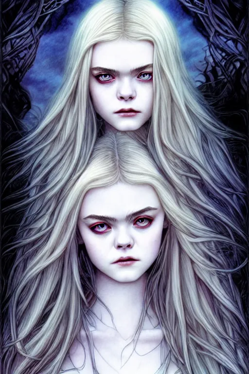 Prompt: portrait of a teenage vampire who looks like elle fanning, fantasy graphic novel style, by artgerm and luis royo and jenny frison, intricate, vivid colors, very fine inking lines, extremely detailed, 4k, hd