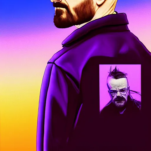 Prompt: walter white on top off jesse pinkman's back, and a purple coloured leather jacket, one side haircut, long brown hair with light blue ends, portrait, hyperdetailed, artstation, cgsociety, synthwave by tangerine dream, by jean - michel jarre, by vangelis, by john carpenter