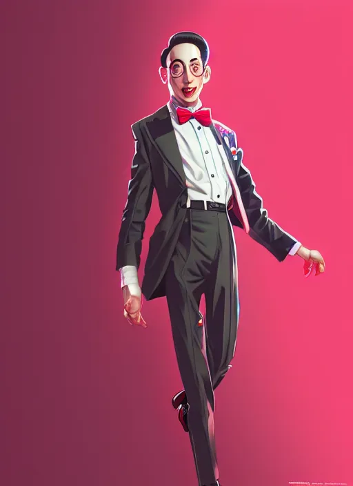 Prompt: pee wee herman, wide angle view, red and pink color scheme, highly detailed, artgerm, cushart krenz, king of fighters style, trending on artstation, soft light, sharp focus, illustration, character design, concept art