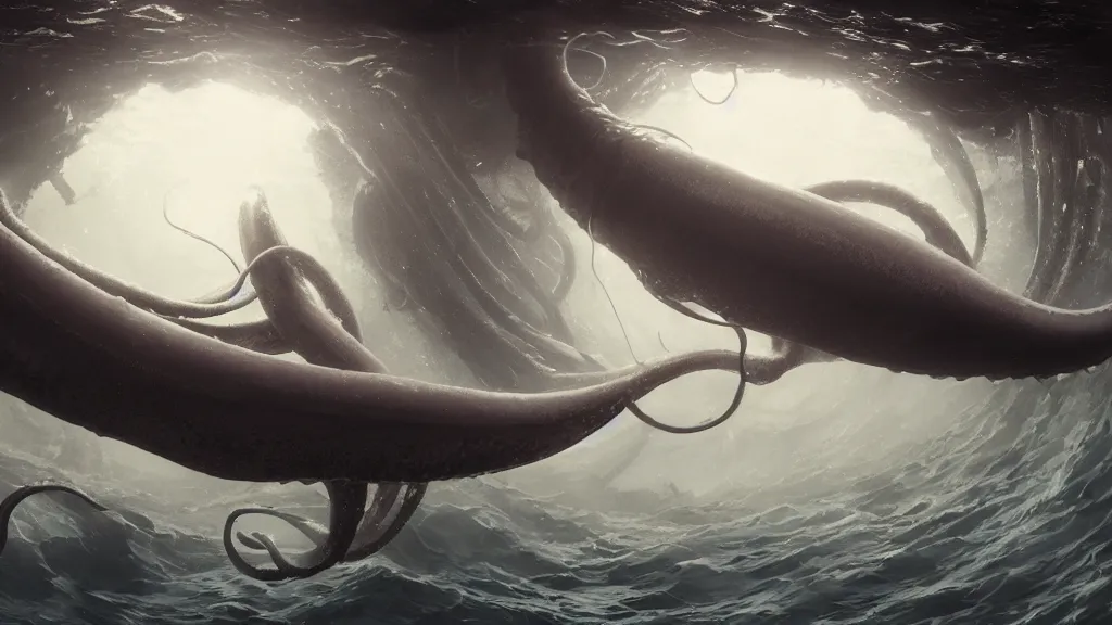 Image similar to a photorealistic hyperrealistic underwater render of a giant squid wraps it ’ s tentacles around a deep sea submersible with bright headlights by greg rutkowski, james paick, wlop, nicolas bouvier sparth, stephan martiniere, dramatic moody lighting, underwater caustics, volumetric, light rays, cinematic atmosphere, octane render, artstation, 8 k