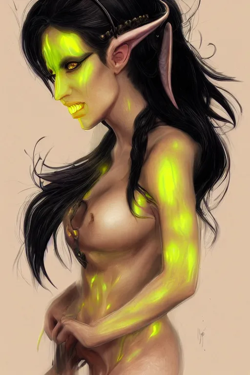 Image similar to portrait of female succubus with black hair and glowing yellow eyes and horns, dnd, fantasy, intricate, elegant, highly detailed, digital painting, artstation, concept art, smooth, sharp focus, illustration, art by narcisse navarre