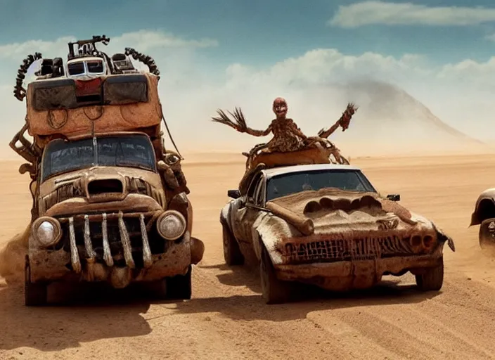 Image similar to scene from the 2015 science fiction film Muppet Mad Max: Fury Road