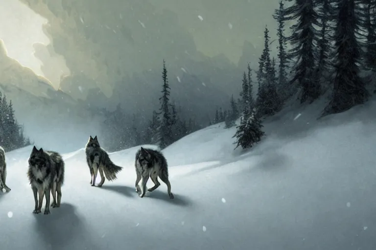 Image similar to a pack of wolves walking in a terrible snowstorm, luminous sky, by greg rutkowski and alphonse mucha, gradient brown to white, rocky mountains background, highly detailed landscape, digital painting, artstation, concept art, smooth, sharp focus illustration