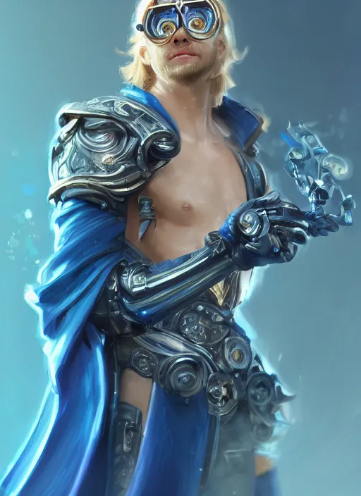 Prompt: a highly detailed illustration of thick wavy bright blonde haired effeminate boy wearing blue robe and goggles and iron cybermechanical arms, blue eyes, dramatic smiling pose, intricate, elegant, highly detailed, centered, digital painting, artstation, concept art, smooth, sharp focus, league of legends concept art, wlop