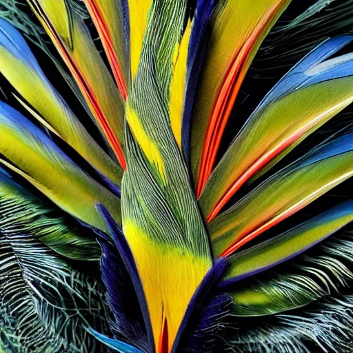 Prompt: closeup photo a bird of paradise, covered in feathers. extremely large wings. extreme detail, hyperrealistic photo, gloomy