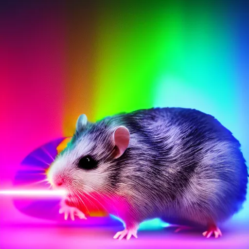 Prompt: cyberpunk hamster holding rainbow gem crystal, neon lights, light reflection, 8 k, hd