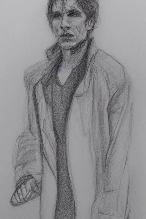 Image similar to a drawn man standing in the rain in a jacket. pencil sketch.