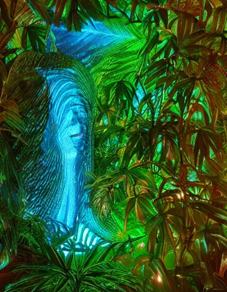 Prompt: vintage color photo of a masive 1 1 0 million years old abstract sculpture made of light beams and liquid gold covered by the jungle vines