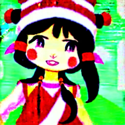 Image similar to an illustration of reimu in the jungle wearing bonnet