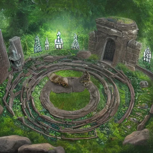 Prompt: ancient overgrown ruins, medieval gates, nostlagia, mysetrious etherial mesmerizing runic cat eyes, runestones, magical elven geometry, floating islands, high detail