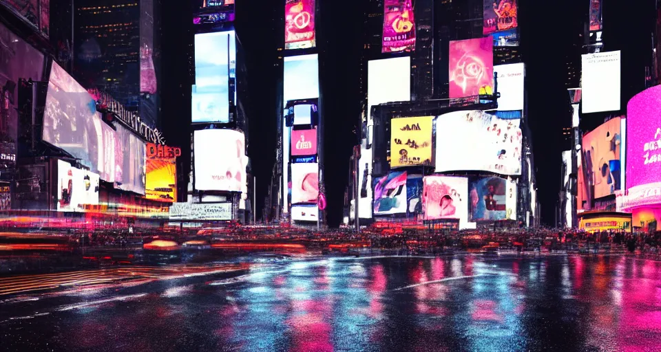 Prompt: times square, night, lofi, rainy day, mood, octane render, light leaks 4 k premiere pro, hyper realistic -