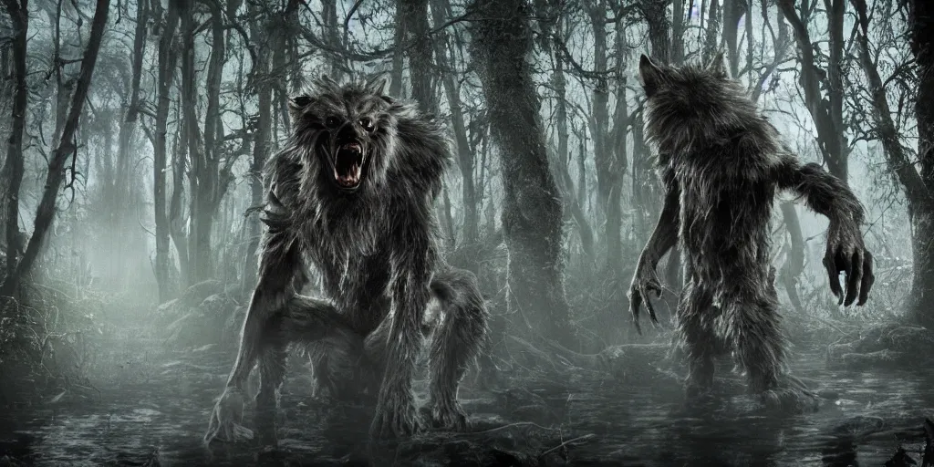 Prompt: a scary werewolf in a gloomy swamp, 50mm lens, special effects make up, RBFX, stan winston, cinematic, volumetric lighting