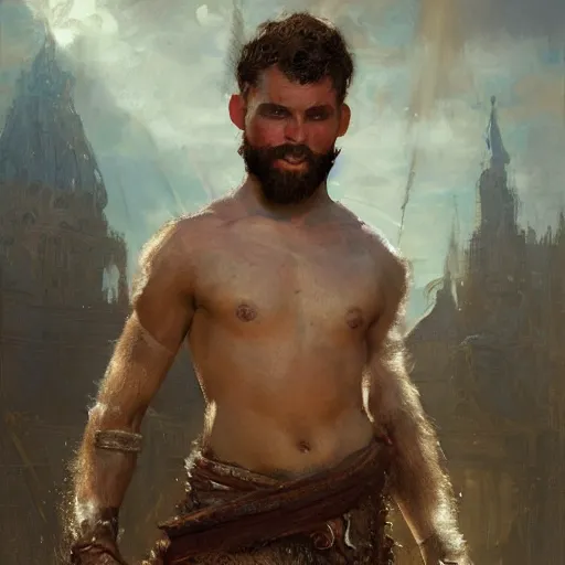 Prompt: young gladiator man with short sandy hair and a trim beard, big forehead, dopey expression, athletic, fantasy character portrait by greg rutkowski, gaston bussiere, craig mullins