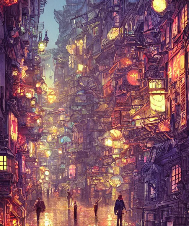 Image similar to insane perspective of colorful street vue from steampunk tokyo prague, intricate details, realistic shaded , humid ground, highly detailed, artstation, painting by François Schuiten and moebius, disney fantasy style, people and creatures walking, volumetric light, neon lights, rainy mood