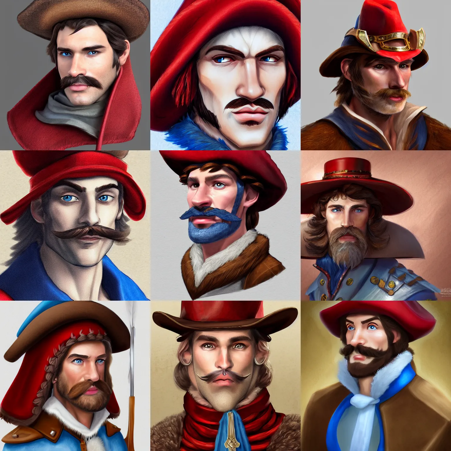 Prompt: Clean Shaven Caucasian European Man with blue eyes and brown curly mustache wearing a red musketeer hat with a single feather on it. D&D Character Head and Shoulders Portrait. EPIC RPG Digital Artwork. 4K. Detailed Drawing. Trending on Artstation.