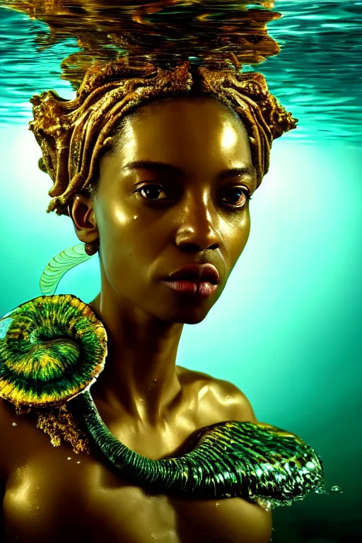 Image similar to hyperrealistic neo - rococo cinematic half underwater scene with fish and algae, very expressive! translucent elegant african goddess getting out of water, gold jewerly, highly detailed face, digital art masterpiece, aykut aydogdu zener, dramatic volumetric light, long shot, low angle uhd 8 k, sharp focus