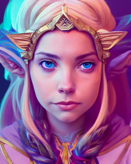 Image similar to highly detailed surreal vfx portrait of ashley benson as princess zelda, stephen bliss, unreal engine, greg rutkowski, loish, rhads, beeple, makoto shinkai and lois van baarle, ilya kuvshinov, rossdraws, tom bagshaw, alphonse mucha, global illumination, detailed and intricate environment