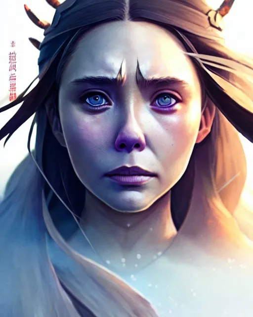 Prompt: azctec warrior, elizabeth olsen, detailed perfect face, exquisite details, fire magic, mid view, design on a white background, by studio muti, greg rutkowski makoto shinkai takashi takeuchi studio ghibli