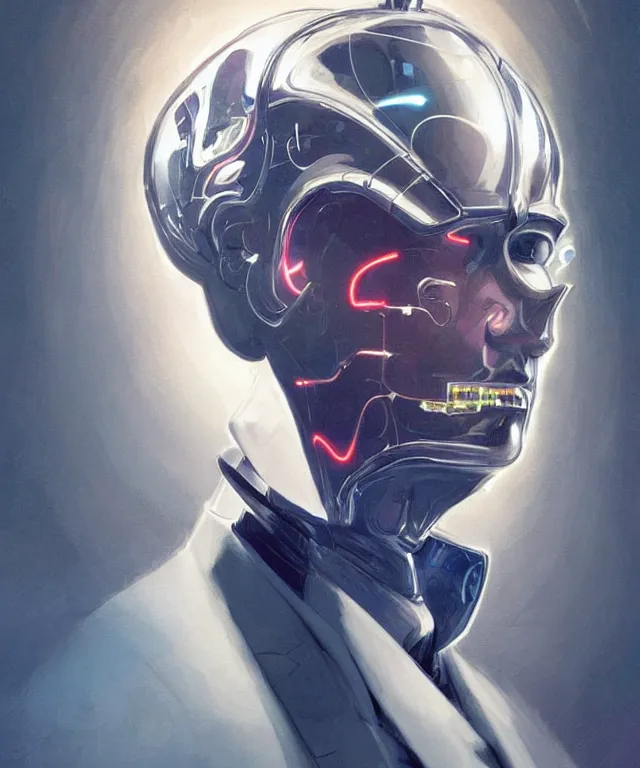 Image similar to a male android portrait wearing a suit and tie, surrealism, scifi, intricate, elegant, sharp eyebrows, highly detailed cybernetic body, neon glowing eyes, digital painting, artstation, concept art, smooth, sharp focus, illustration, art by artgerm and moebius and peter mohrbacher