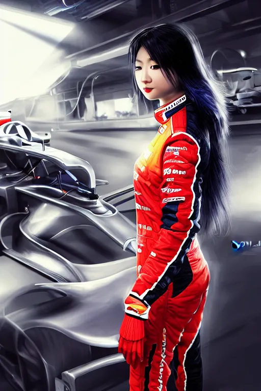 Image similar to portrait beautiful asian female formula one racer, wearing formula one racer uniform, at formula one racing car repair room, ssci-fi, fantasy, intricate, very very beautiful, elegant, human anatomy, neon light, highly detailed, digital painting, artstation, concept art, soft light, smooth, sharp focus, illustration, art by tian zi and WLOP and alphonse mucha