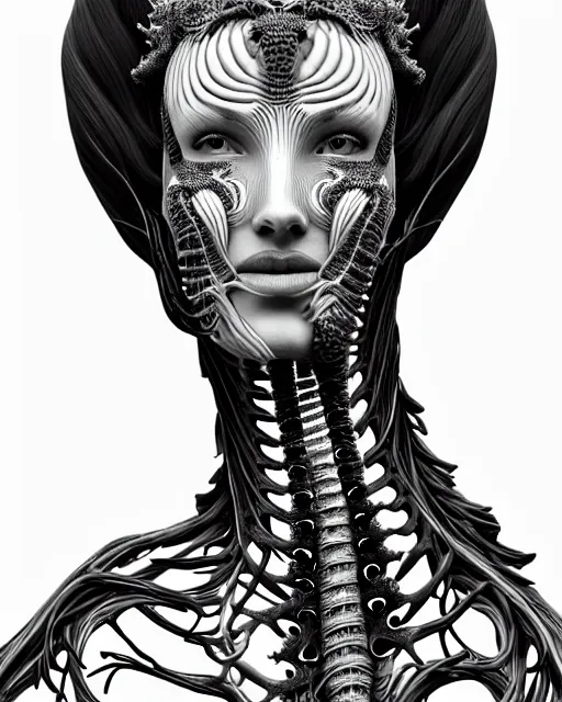 Image similar to a black and white high quality photo of a young beautiful female queen-vegetal-dragon-cyborg bust with a very long neck and Mandelbrot fractal face, Mandelbrot fractal skin, flesh, anatomical, facial muscles, veins, arteries, elegant, highly detailed, flesh highly baroque ornate, hair are wired cables, elegant, high fashion, rim light, octane render, in the style of Cindy Sherman, Realistic, Refined, Digital Art, Highly Detailed, Cinematic Lighting, rim light, black and white, photo-realistic, 8K