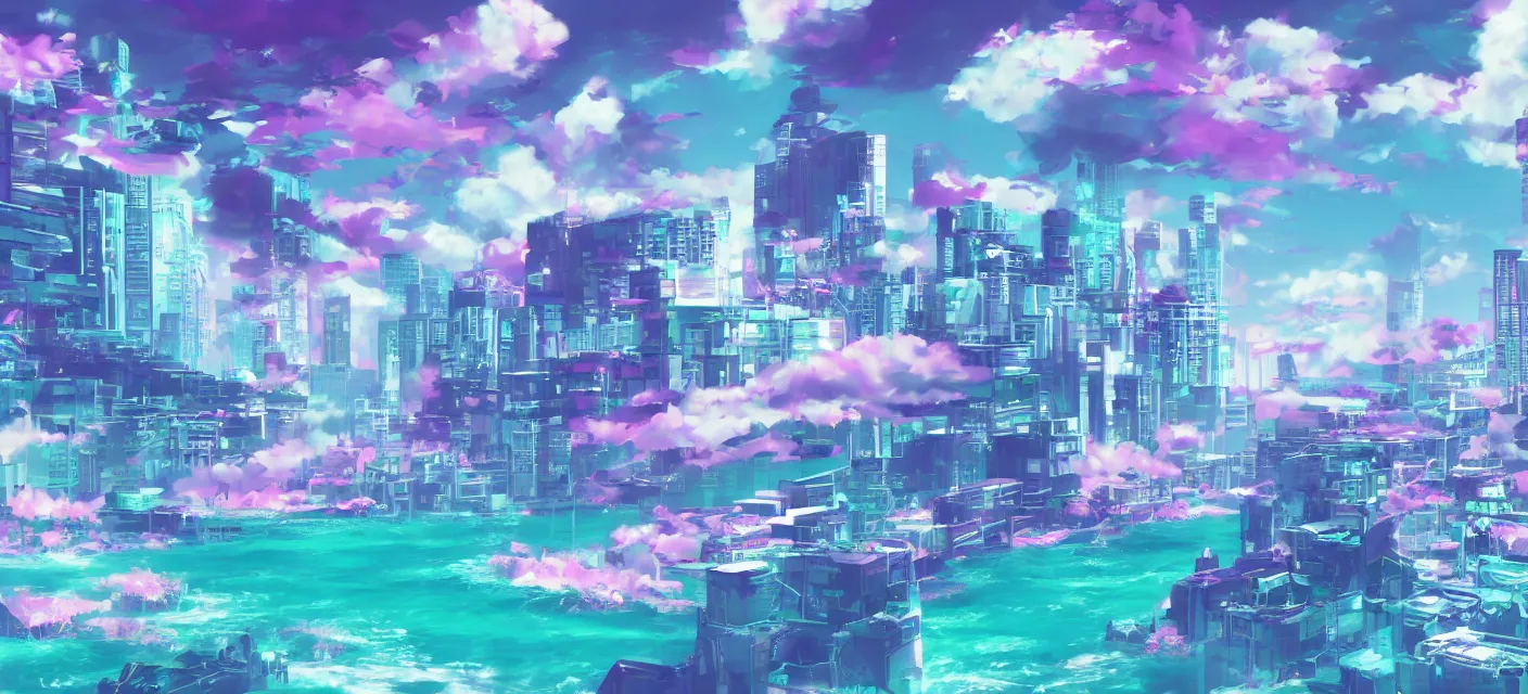 Image similar to desktop wallpaper, vaporwave, pastel, videogame, concept art