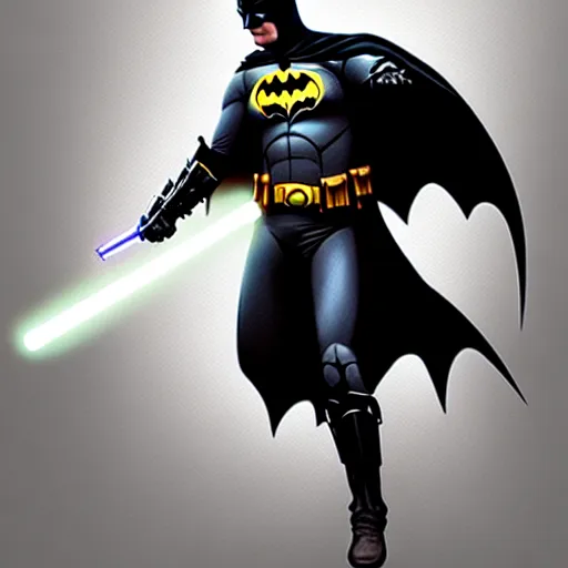 Image similar to batman holding a lightsaber, highly detailed, extremely realistic, dark, digital painting, concept art, intricate, elegant, art by greg rutkowski