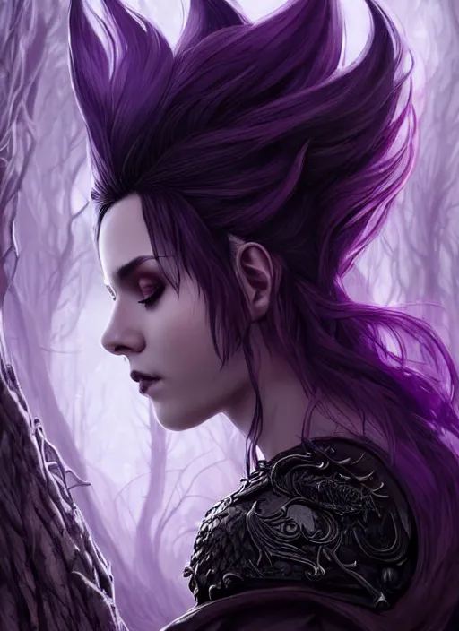 Prompt: side portrait dark witch, adventurer outfit large cloak, fantasy forest landscape, dragon scales, fantasy magic, undercut hairstyle, short purple black fade hair, dark light night, intricate, elegant, sharp focus, illustration, highly detailed, digital painting, concept art, matte, art by wlop and artgerm and ivan shishkin and andrey shishkin, masterpiece